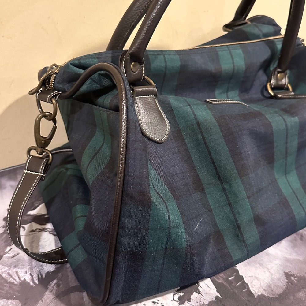 Eddie Bauer Black Watch Plaid Canvas Duffel Bag Green Navy Travel Weekender